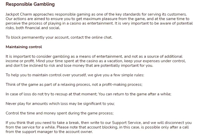 Responsible gaming at Jackpot Charm Casino