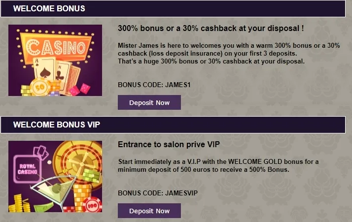 All Mister James Casino bonuses and promotions