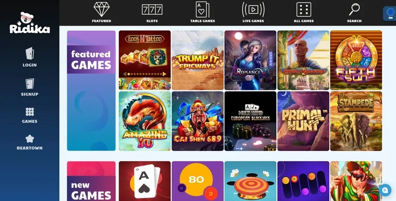 Popular games and slots at Ridika casino