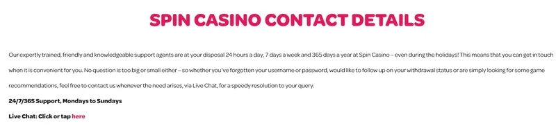 Contact support service Spin casino