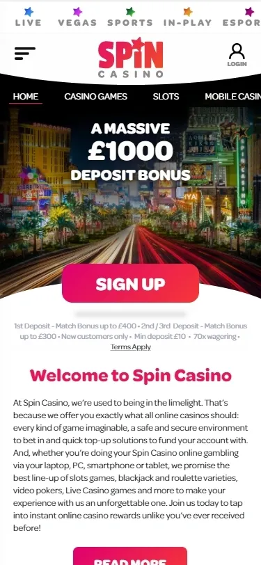 The mobile version of Spin casino