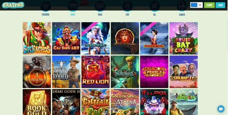 Popular Games and Slots at Crazyno Casino