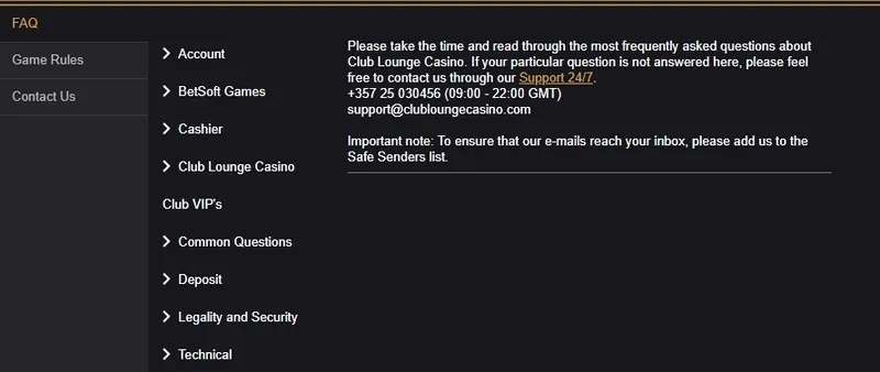 Club Lounge Casino Customer Service Contact