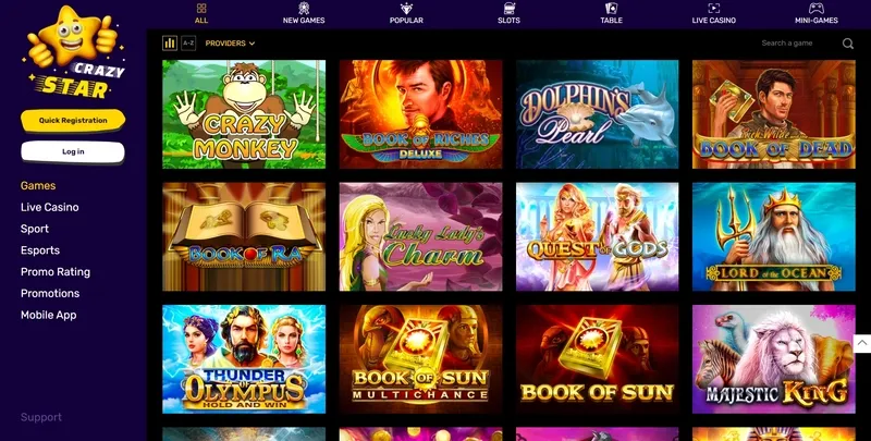 Crazy Star Casino Popular Games and Slots